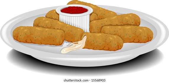 Detailed illustration of a plate of fried mozzarella cheese sticks.