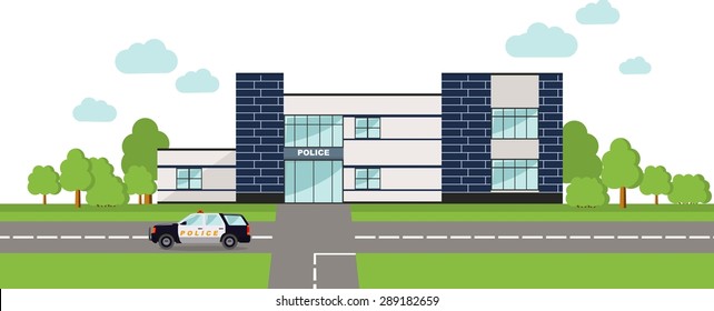 Detailed illustration of  police department building and police car in a flat style.