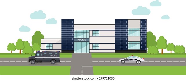 Detailed illustration of  police department building and police car in a flat style.