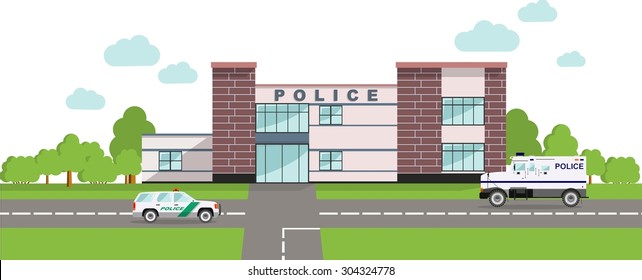 Detailed illustration of  police department building and police cars in a flat style.