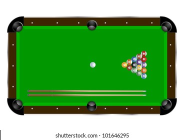 detailed illustration of a pool table with cues and balls