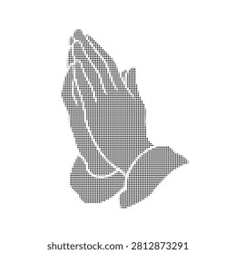 Detailed illustration of praying hands constructed from individual halftone dots. Professional artistic religious graphic design for spiritual concepts.