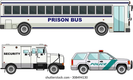 Detailed illustration of prison bus, security and  police cars in a flat style