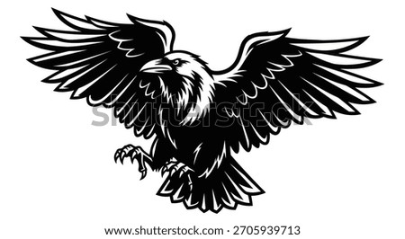 Detailed illustration of a raven in flight, showcasing its wings and sharp talons