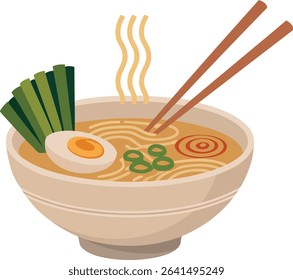 A detailed illustration of a realistic ramen bowl, complete with noodles, sliced egg, green onions, and chopsticks. Perfect for authentic Asian cuisine menus, culinary blogs