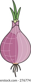 A detailed illustration of a red onion with sprouting green shoots, showcasing its bulbous shape and root details.