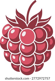 A detailed illustration of a red raspberry with subtle highlights and shadows, giving it a slightly glossy appearance. The fruit is composed of many small, round drupelets. It has a dark red outline and stem, with green leaves at the top. The image is presented on a white background.