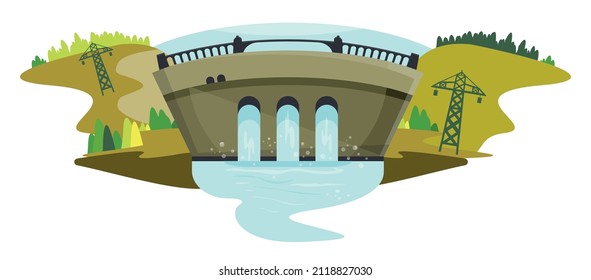 Detailed illustration of a reservoir. Water dam.