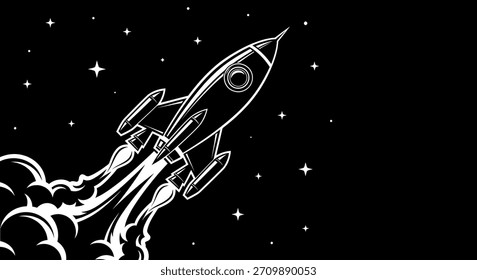 Eine detaillierte Illustration eines Raketenschiffs im Flug, das eine Spur von Rauch und Flammen vor einem Sternenhimmel hinterlässt.