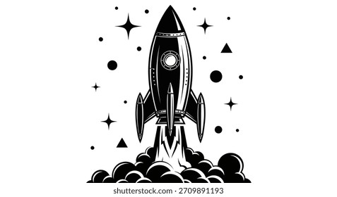 Detailed illustration of a rocket taking off, surrounded by stars and smoke, symbolizing ambition and progress.