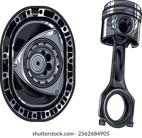 Detailed illustration of a rotary engine rotor and piston, highlighting innovative engineering and the contrast between rotary and traditional engine components