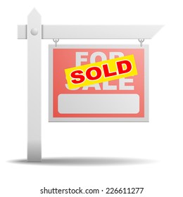 Detailed Illustration Of A For Sale Real Estate Sign With A Yellow Sold Sticker On It, Eps10 Vector