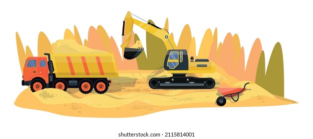 Detailed illustration with sand mining in a sand pit. Heavy industrial transport.