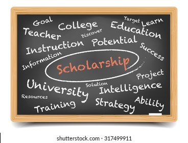 detailed illustration of a Scholarship wordcloud on a blackboard, eps10 vector, gradient mesh included