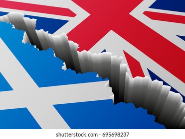detailed illustration of the scottish Flag and the Union Jack with a deep crack, symbol for crisis and problems, eps10 vector