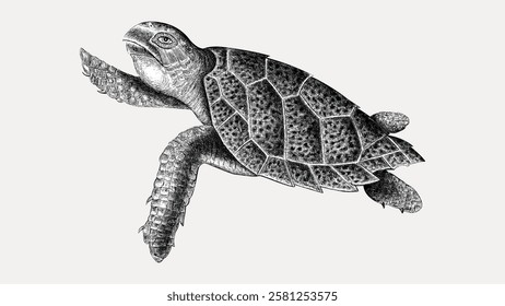 Detailed illustration of a sea turtle with textured shell and flippers. The sea turtle is depicted in a swimming pose. Sea turtle art in black and white. Vintage marine life illustration vector.