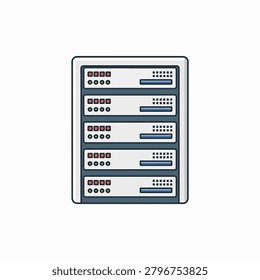 A detailed illustration of a server rack containing multiple hard drives and network components.