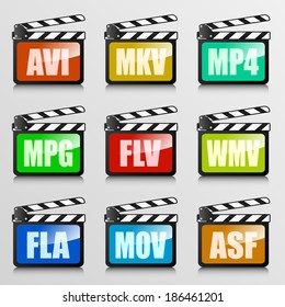 detailed illustration of a set of clapper boards with video codec extensions, eps10 vector