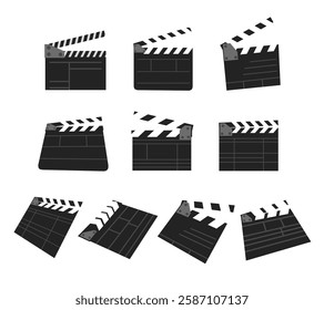 A detailed illustration set featuring classic movie clapperboards in various styles. For film production designs, theater projects, movie night themes, and creative media-related artwork