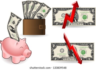 Detailed illustration of a set of two dollars banknotes