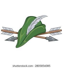A detailed illustration of several arrows next to a traditional archery hat. Natural and vivid colors highlight the feathers and fabric texture in a medieval style.