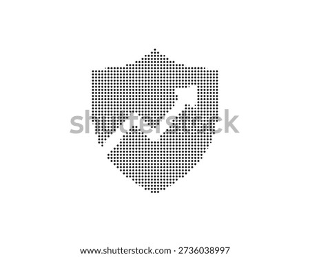 Detailed illustration of a shield with a checkmark in dotted silhouette style, symbolizing security, protection, and approval on a white background