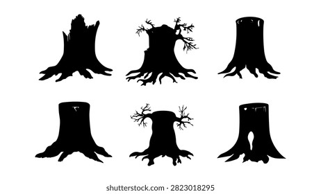 A detailed illustration showcasing various tree stumps and roots in different stages of decay and growth, highlighting natural forestry processes.