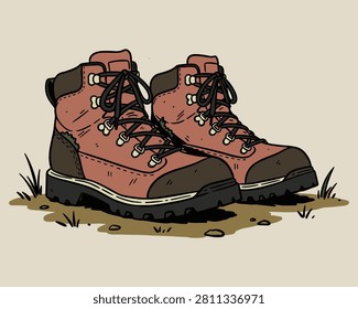 A detailed illustration showing a pair of durable hiking boots resting on a dirt surface with grass.