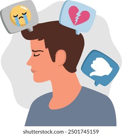 A detailed illustration showing a person with closed eyes, surrounded by negative thought bubbles depicting sadness, heartbreak, and disapproval. Perfect for content focused on mental health.