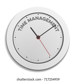detailed illustration of a simple white clock with time management text, eps10 vector