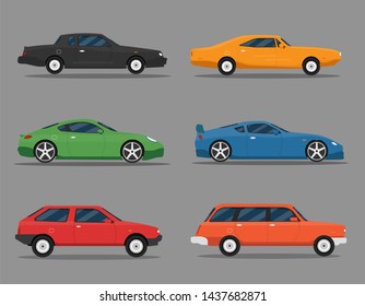 Detailed illustration of six colored cars in a flat style. Car icon set. Muscle, sport, vintage auto