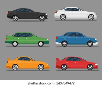 Detailed illustration of six colored cars in a flat style. Car icon set. Muscle, premium, vintage auto