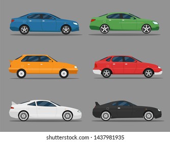 Detailed illustration of six colored cars in a flat style. Car icon set. Muscle, premium, vintage auto