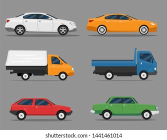 Detailed illustration of six colored cars in a flat style. Car icon set. Premium, business car, vintage auto, truck