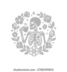 A detailed illustration of a skeleton holding a steaming coffee cup, surrounded by a wreath of flowers, leaves, and stars in a gray halftone style on a pure white background.