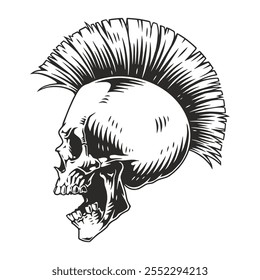 A detailed illustration of a skull featuring a vibrant punk hairstyle capturing a unique blend of artistic expression and rebellious spirit. The design emphasizes sharp lines and bold features.