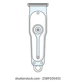 Detailed illustration of sleek hair clippers with central power button and hanging loop, ideal for grooming and personal care. Perfect for barbers and home use.