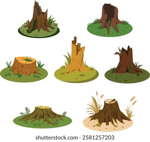 A detailed illustration of a sliced tree stump with realistic vibes, surrounded by lush grass, moss, and small plants. Perfect for nature backgrounds, decorations, and eco-themed designs.