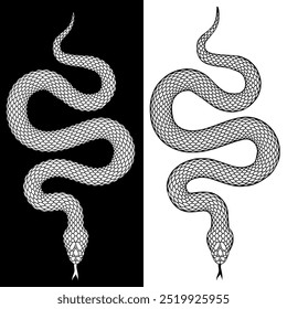 Detailed illustration of a snake in black and white, showcasing intricate scales and a stylish design. Perfect for tattoo ideas and graphic projects.