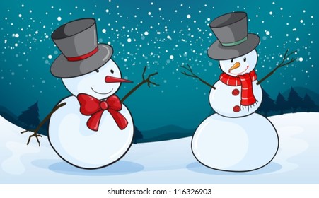 detailed illustration of snowmen in a snow land