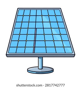 A detailed illustration of a solar panel with blue photovoltaic cells mounted on a stand, emphasizing renewable energy technology and sustainability.