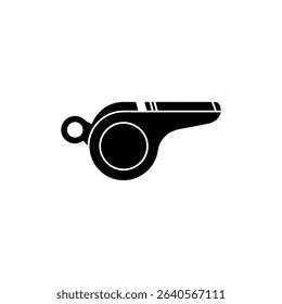 Detailed illustration of a solid black whistle featuring two parallel white stripes along its side. A circular finger loop adds to its functionality, completing the design.