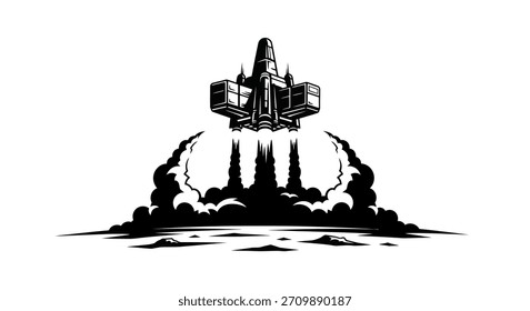 A detailed illustration of a space shuttle taking off, with smoke and flames.