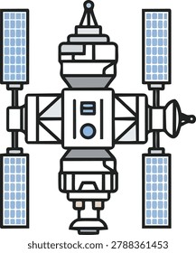 A detailed illustration of a space station featuring multiple modules, solar panels, and intricate structural designs, set against a plain background.