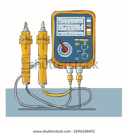 A detailed illustration of a specialized electronic testing device, featuring multiple probes and a clear analog dial.
