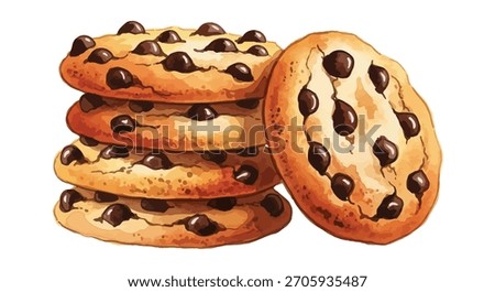 A detailed illustration of a stack of five golden brown chocolate chip cookies. This classic sweet dessert snack is isolated on a clean white background for easy use.