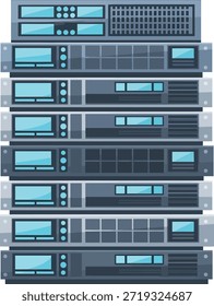 A detailed illustration of stacked computer servers with blue screens, vents, and various control panels, isolated on white background