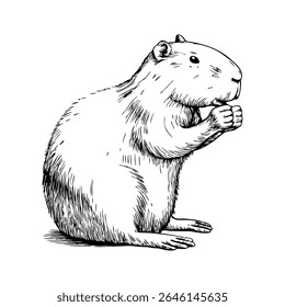 Uma ilustração detalhada de uma capivara em pé, com um corpo redondo e membros curtos. O animal tem a cabeça pequena e as patas dianteiras juntas.