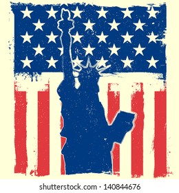 detailed illustration of the Statue of Liberty in front of a grungy stars and stripes backbround, eps 10 vector