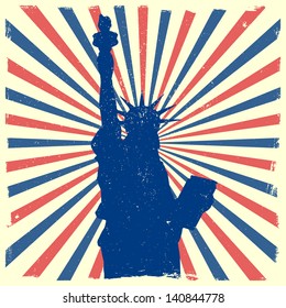 detailed illustration of the Statue of Liberty in front of a grungy burst backbround, eps 10 vector